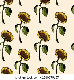 Seamless pattern in bright colors with decorative sunflowers. Vector sunflowers on a yellow background. 