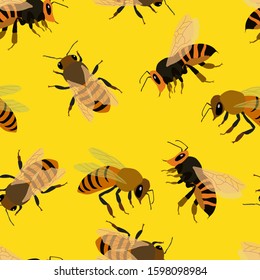 seamless pattern in bright colors depicting bees, wallpaper ornament, wrapping paper