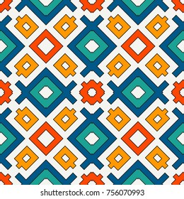Seamless pattern in bright colors. Ethnic and tribal motif. Repeated geometric forms. Colorful ornamental abstract background. Digital paper, textile print, page fill. Vector illustration.