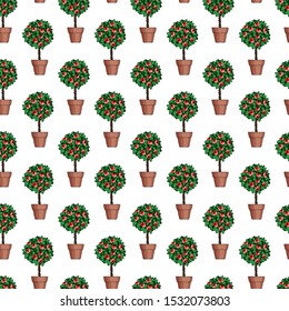 seamless pattern in bright colors with flowers in pots with roses