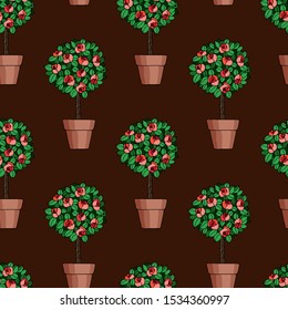 seamless pattern in bright colors with flowers in pots with roses
