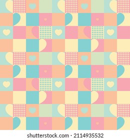 Seamless pattern, bright colors, geometric shapes. Heart, circle, stripes. Children's holiday design. Pattern for wrapping paper, print, textile. Vector image. Abstract.