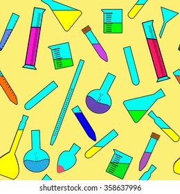 Seamless pattern in bright colors with glassware for chemical and biological experiments