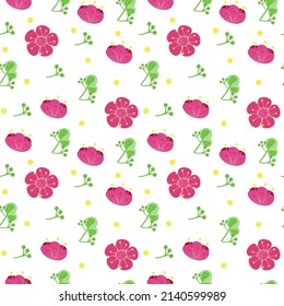 Seamless pattern of bright colors, hand-painted elements. Spring. Pink flowers. Vector in cartoon style. Flowers, buds and leaves on a white background.
