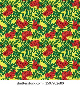 seamless pattern in bright colors, image rowan and leaves