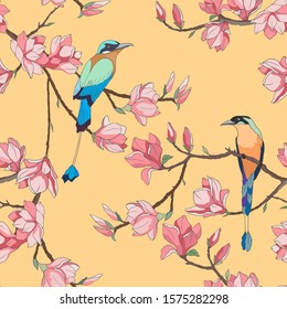seamless pattern in bright colors, with magnolia flowers and birds, wallpaper ornament, wrapping paper