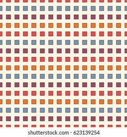 Seamless pattern with bright colors repeated squares. Horizontal dashed lines abstract background. Mosaic wallpaper. Minimalist geometric ornament. Digital paper, textile print, page fill. Vector art