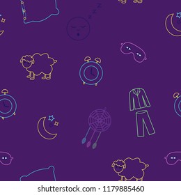 Seamless pattern in bright colors with sheep, alarm clock, pillow, pajamas and sleeping mask. For fabric, textile and baby linen, little girls, boys and babies clothes and pajamas. 