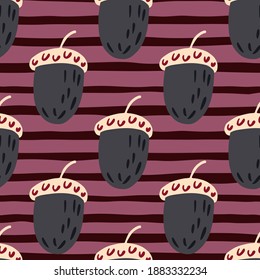 Seamless pattern in bright colors with simple acorn ornament. Purple striped background. Perfect for fabric design, textile print, wrapping, cover. Vector illustration.