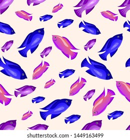 Seamless pattern of bright coloured fishes on pastel background for fabric texture,  wallpaper, wrapping paper, backdrop