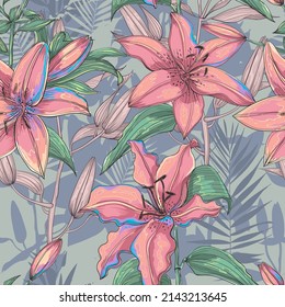 seamless pattern with bright colours and glowing pink flowers lilies and silhouettes of flowers and leaves in the background