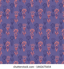 Seamless pattern with bright contrast flowers. Floral background in blue, orange and purple colors. Vector illustration.