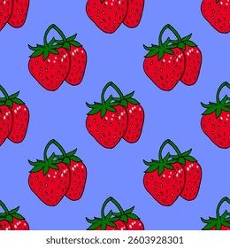 seamless pattern of bright couple strawberries on a bright blue background