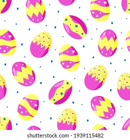 Seamless pattern bright crimson yellow of Easter eggs, colorful vector illustration on a white background.