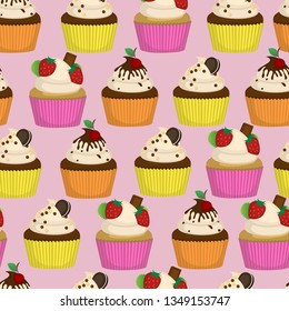 Seamless pattern with bright cupcakes. Cartoon muffins. Vector.