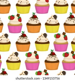 Seamless pattern with bright cupcakes. Cartoon muffins. Vector.