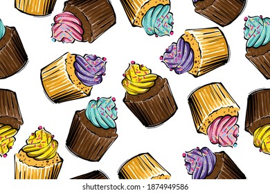 Seamless pattern of bright cupcakes, color, vector