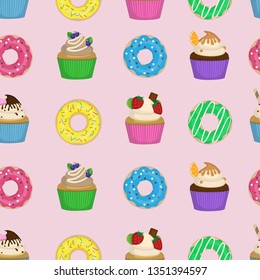 Seamless pattern with bright cupcakes and donuts. Cartoon donuts and muffins. Vector.