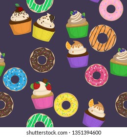 Seamless pattern with bright cupcakes and donuts. Cartoon donuts and muffins. Vector.