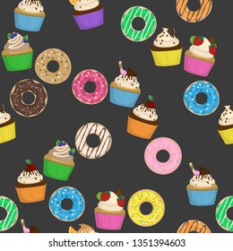Seamless pattern with bright cupcakes and donuts. Cartoon donuts and muffins. Vector.