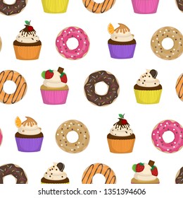 Seamless pattern with bright cupcakes and donuts. Cartoon donuts and muffins. Vector.