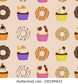 Seamless pattern with bright cupcakes and donuts. Cartoon donuts and muffins. Vector.