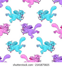 Seamless pattern with bright cupid cats in a geometric grid. Pink, purple and turquoise. Vector illustration isolated on a white background. Lovely design for fabric, backgrounds, wrapping paper