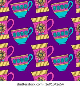 Seamless pattern with bright cups on a violet background. Vector image for packaging, fabric, postcards.