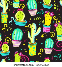 Seamless pattern with bright cute cactus, Pop art style. Neon colors. fashion Modern bright  background for textile, post card, web. Repeated girlish backdrop 