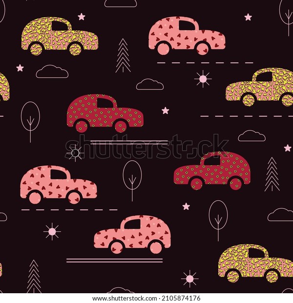 Seamless pattern of bright cute cars on a dark\
background. Cars, trees, sun, clouds, stars.Cute cars print for\
boys. For the design of wrapping paper, postcards, posters. Hand\
drawn. Vector\
illustrati