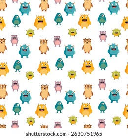 Seamless pattern Bright and cute cartoon characters funny monsters
