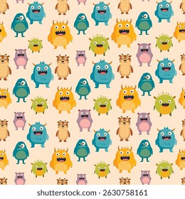 seamless pattern Bright and cute cartoon funny monsters on a coffee background