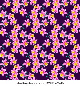 Seamless pattern with bright cute flowers of orchids, phalaenopsis.Tropical exotic print for fabric, textile, wallpaper.
