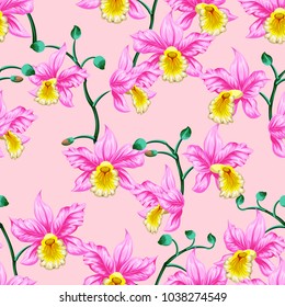 Seamless pattern with bright cute flowers of orchids, phalaenopsis.Tropical exotic print for fabric, textile, wallpaper.