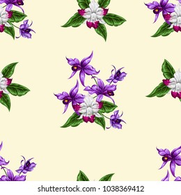 Seamless pattern with bright cute flowers of pretty orchids.Tropical exotic print for fabric, textile, wallpaper.