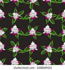 Seamless pattern with bright cute flowers of pretty orchids.Tropical exotic print for fabric, textile, wallpaper.