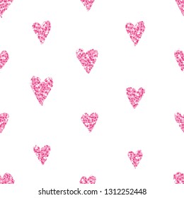 Seamless pattern with bright cute hearts. Pink and white ornament. Hand-drawn pink background for Valentine Day and wedding cards, invitations,  wrapping paper, textile. Shiny pink glitter hearts.