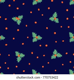 Seamless pattern in bright cute holly. Rustic style. Holiday floral christmas background for wallpapers, textile, wrapping paper.