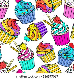 Seamless pattern with bright cute little cakes, Pop art style. Neon colors. fashion Modern bright  background for textile, post card, web. Repeated girlish backdrop with sweets yummy. 