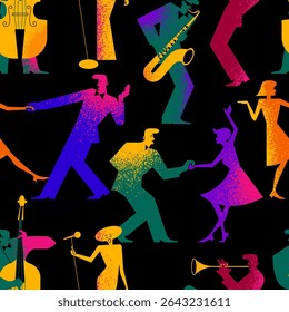 seamless pattern of bright dancing people and musicians with texture on a black background. abstract textured silhouettes of people at a disco. stock vector illustration. EPS 10.