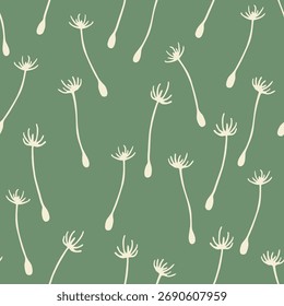 Padrão contínuo com sementes de dente-de-leão brilhantes em um fundo verde.