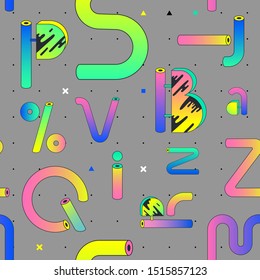 Seamless pattern of bright decorative letters and signs. Print for clothes, textiles, bags