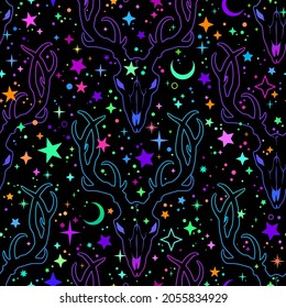 seamless pattern of bright deer skulls and stars