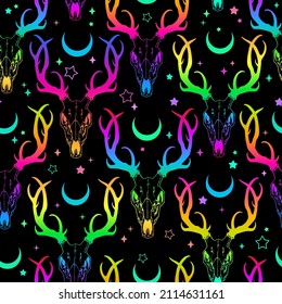 seamless pattern of bright deer skulls and stars