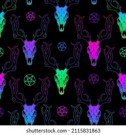 seamless pattern of bright deer skulls and pentagram