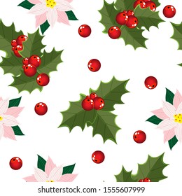 Seamless pattern of bright and delicate poinsettia and Holly leaves and red mistletoe berries. Vector illustration