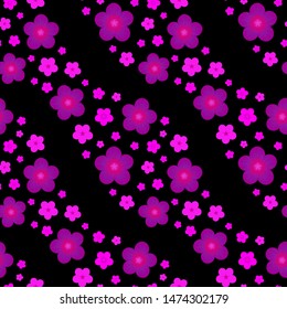 Seamless pattern with bright diagonal floral waves on dark background. Repeat abstract botanical pattern. Vector illustration.