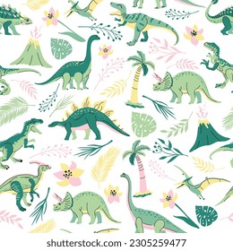 Seamless pattern with bright dinosaurs and green plants including T-rex, Brontosaurus, Triceratops, Velociraptor, Pteranodon, Allosaurus, etc. Isolated on white