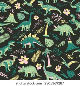 Seamless pattern with bright dinosaurs and green plants including T-rex, Brontosaurus, Triceratops, Velociraptor, Pteranodon, Allosaurus, etc. Isolated on dark background