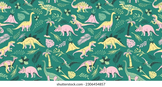 Seamless pattern with bright dinosaurs and green plants including T-rex, Brontosaurus, Triceratops, Velociraptor, Pteranodon, Allosaurus, etc. Isolated on dark background